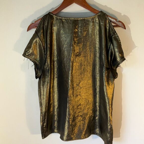 All Saints Gold/Black Lame’ Cold Shoulder Raw Hem Top, Size 0. Flowy - Picture 5 of 11